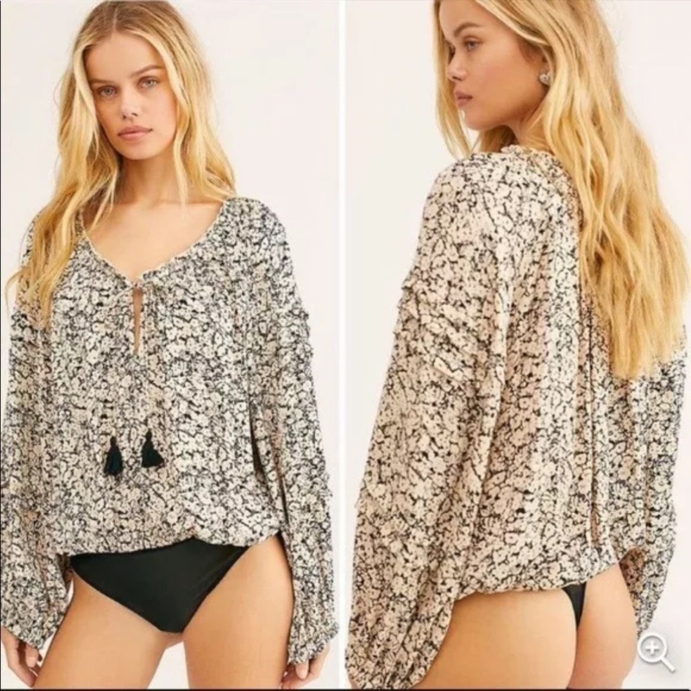 Free People Intimately FP Bodysuit All Tucks Boho Flowy Floral Cream and Black S